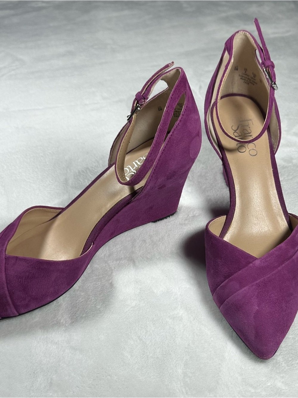 Franco Sarto Purple Suede Wedge Heel Pointed Toe Strappy Ankle Size 8 - Picture 4 of 7